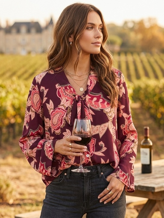 Show Me Your MuMu Tops - Show Me Your Mumu Brynn Paisley Boho Blouse Tie Neck Burgundy XS NWT